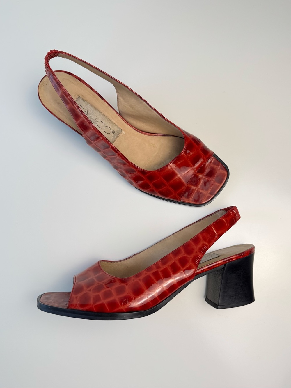 Vintage Calico Red Croc Embossed Leather Slingback Open Toe Heels 1990s Size 6.5